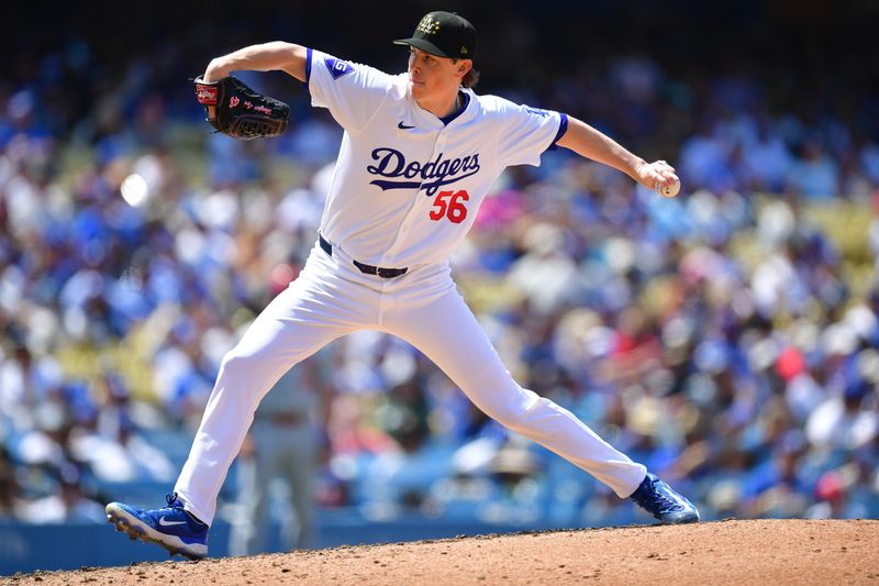 May 19, 2024; Los Angeles, California, USA; Los Angeles Dodgers pitcher Ryan Yarbrough (56) throws against the Cincinnati Reds during the sixth inning at Dodger Stadium. Mandatory Credit: Gary A. Vasquez-USA TODAY Sports