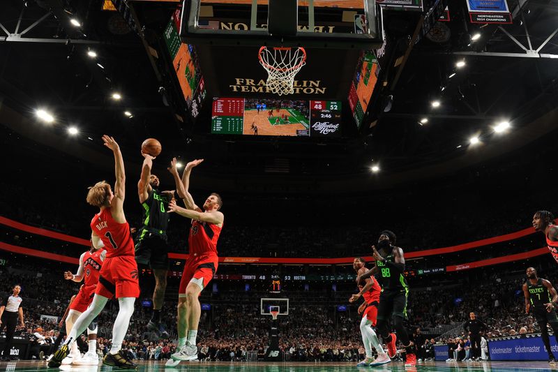 BOSTON, MA - NOVEMBER 16: Jayson Tatum #0 of the Boston Celtics shoots the ball during the game against the Toronto Raptors on November 16, 2024 at TD Garden in Boston, Massachusetts. NOTE TO USER: User expressly acknowledges and agrees that, by downloading and/or using this Photograph, user is consenting to the terms and conditions of the Getty Images License Agreement. Mandatory Copyright Notice: Copyright 2024 NBAE (Photo by Brian Babineau/NBAE via Getty Images)