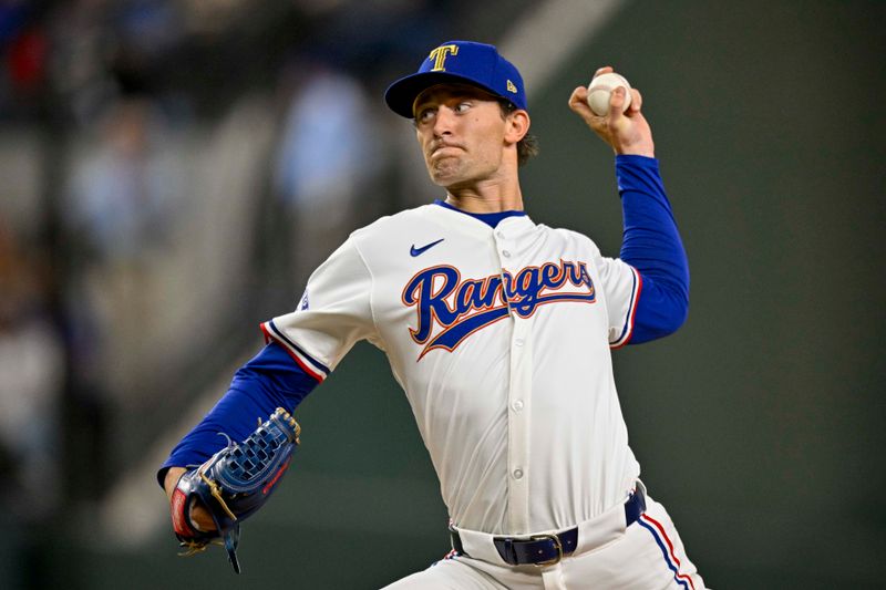 Apr 10, 2024; Arlington, Texas, USA; Texas Rangers starting pitcher Jacob Latz (67) pitches against the Oakland Athletics during the first inning at Globe Life Field. Mandatory Credit: Jerome Miron-USA TODAY Sports