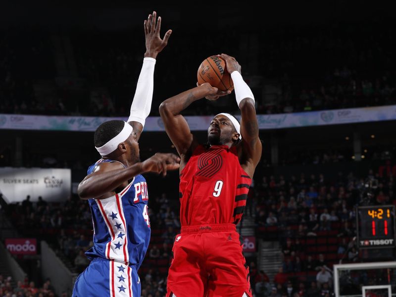 PORTLAND, OR - JANUARY 29: Jerami Grant #9 of the Portland Trail Blazers shoots the ball during the game against the Philadelphia 76ers on January 29, 2024 at the Moda Center Arena in Portland, Oregon. NOTE TO USER: User expressly acknowledges and agrees that, by downloading and or using this photograph, user is consenting to the terms and conditions of the Getty Images License Agreement. Mandatory Copyright Notice: Copyright 2024 NBAE (Photo by Cameron Browne/NBAE via Getty Images)