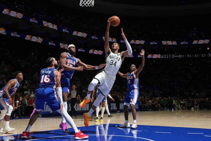 PHILADELPHIA, PA - OCTOBER 22: Giannis Antetokounmpo #34 of the Milwaukee Bucks drives to the basket during the game against the Philadelphia 76ers on October 22, 2024 at the Wells Fargo Center in Philadelphia, Pennsylvania NOTE TO USER: User expressly acknowledges and agrees that, by downloading and/or using this Photograph, user is consenting to the terms and conditions of the Getty Images License Agreement. Mandatory Copyright Notice: Copyright 2024 NBAE (Photo by Jesse D. Garrabrant/NBAE via Getty Images)