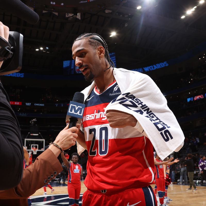 WASHINGTON, DC -? JANUARY 1: Alexandre Sarr #20 of the Washington Wizards is interviewed after the game against the Chicago Bulls on January 1, 2025 at Capital One Arena in Washington, DC. NOTE TO USER: User expressly acknowledges and agrees that, by downloading and or using this Photograph, user is consenting to the terms and conditions of the Getty Images License Agreement. Mandatory Copyright Notice: Copyright 2025 NBAE (Photo by Kenny Giarla/NBAE via Getty Images)