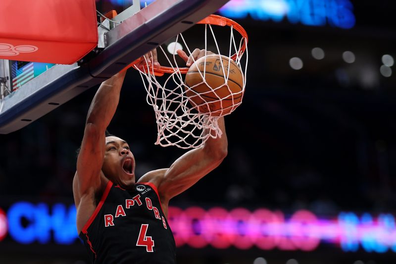 WASHINGTON, DC - JANUARY 29: Scottie Barnes #4 of the Toronto Raptors dunks the ball against the Washington Wizards during the first half at Capital One Arena on January 29, 2025 in Washington, DC. NOTE TO USER: User expressly acknowledges and agrees that, by downloading and or using this photograph, User is consenting to the terms and conditions of the Getty Images License Agreement. (Photo by Patrick Smith/Getty Images)