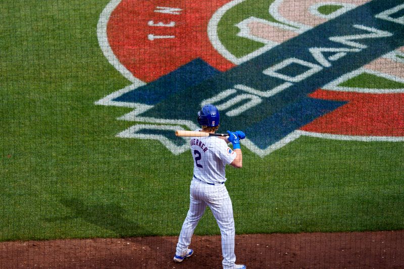 Feb 25, 2024; Mesa, Arizona, USA; Chicago Cubs infielder Nico Hoerner (2) awaits his turn to bat in the sixth inning during a spring training game at Sloan Park against the San Diego Padres. Mandatory Credit: Allan Henry-USA TODAY Sports