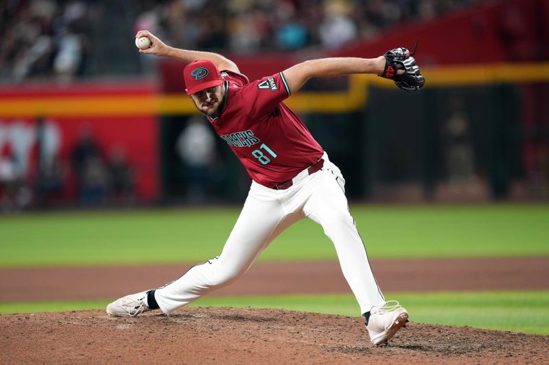 May 5, 2024; Phoenix, Arizona, USA; Arizona Diamondbacks pitcher Ryan Thompson (81) pitches against the San Diego Padres during the eighth inning at Chase Field. Mandatory Credit: Joe Camporeale-USA TODAY Sports