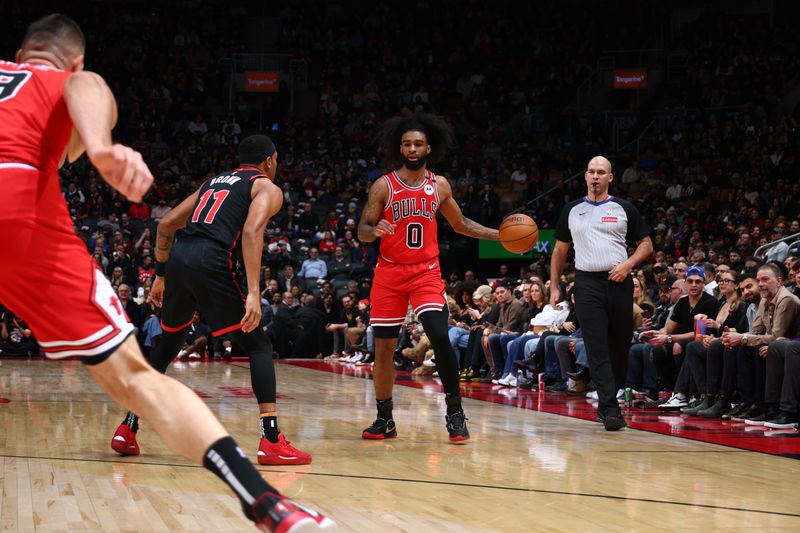 TORONTO, CANADA - JANUARY 31:  Coby White #0 of the Chicago Bulls dribbles the ball during the game against the Toronto Raptors  on January 31, 2025 at the Scotiabank Arena in Toronto, Ontario, Canada.  NOTE TO USER: User expressly acknowledges and agrees that, by downloading and or using this Photograph, user is consenting to the terms and conditions of the Getty Images License Agreement.  Mandatory Copyright Notice: Copyright 2025 NBAE (Photo by Vaughn Ridley/NBAE via Getty Images)