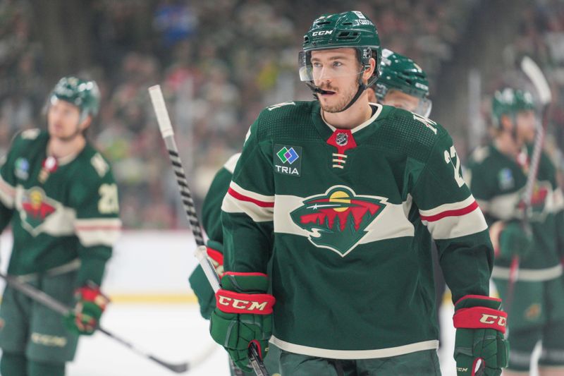 Mar 3, 2024; Saint Paul, Minnesota, USA; Minnesota Wild center Jacob Lucchini (27) skates during a break against the San Jose Sharks in the first period at Xcel Energy Center. Mandatory Credit: Matt Blewett-USA TODAY Sports