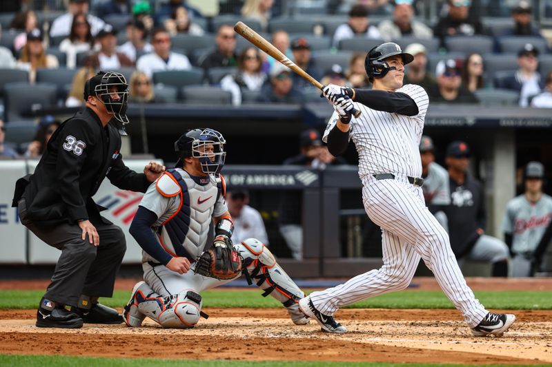 May 4, 2024; Bronx, New York, USA;  New York Yankees first baseman Anthony Rizzo (48) hits a three run home run in the third inning against the Detroit Tigers at Yankee Stadium. Mandatory Credit: Wendell Cruz-USA TODAY Sports