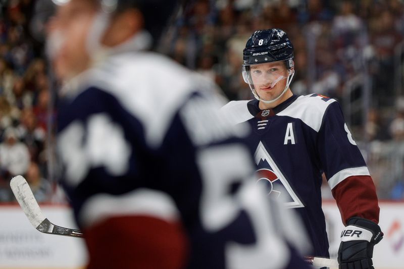 Dec 13, 2025; Denver, Colorado, USA; Colorado Avalanche defenseman Cale Makar (8) in the second period against the Nashville Predators at Ball Arena. Mandatory Credit: Isaiah J. Downing-Imagn Images