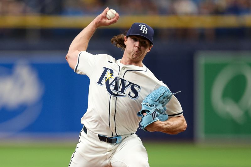 Apr 13, 2024; St. Petersburg, Florida, USA;  Tampa Bay Rays pitcher Ryan Pepiot (44) throws a pitch against the San Francisco Giants in the second inning at Tropicana Field. Mandatory Credit: Nathan Ray Seebeck-USA TODAY Sports