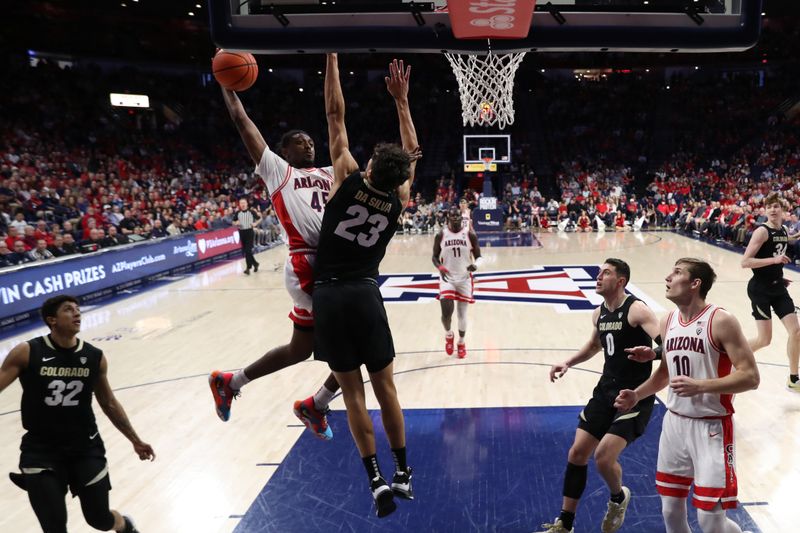 Feb 18, 2023; Tucson, Arizona, USA; Arizona Wildcats guard Cedric Henderson Jr. (45) and forward Azuolas Tubelis (10) drives to the net against Colorado Buffaloes forward Tristan da Silva (23) guard Nique Clifford (32)  and guard Luke O'Brien (0) during the first half at McKale Center. Mandatory Credit: Zachary BonDurant-USA TODAY Sports