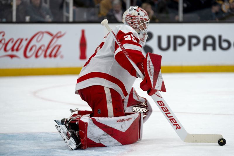 Jan 13, 2026; Boston, Massachusetts, USA; Detroit Red Wings goaltender Cam Talbot (39) makes a save during the first period against the Boston Bruins at TD Garden. Mandatory Credit: Natalie Reid-Imagn Images