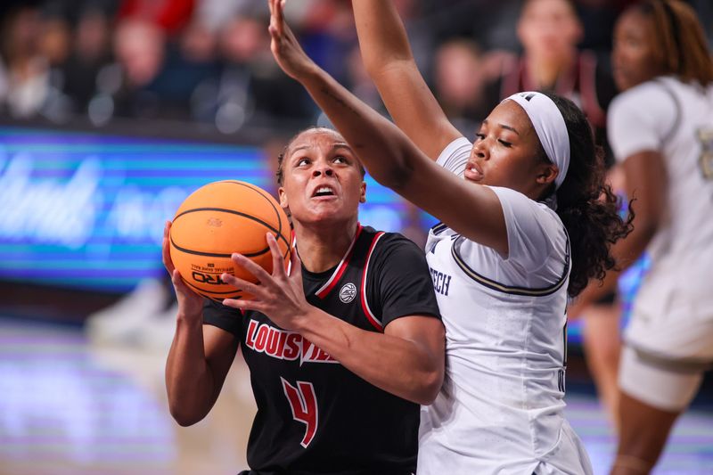 Feb 26, 2026; Atlanta, Georgia, USA; Louisville Cardinals forward MacKenly Randolph (4) shoots past Georgia Tech Yellow Jackets guard Talayah Walker (21) in the second quarter at McCamish Pavilion. Mandatory Credit: Brett Davis-Imagn Images