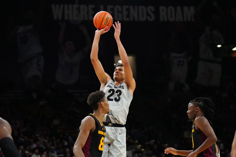 Feb 8, 2024; Boulder, Colorado, USA; Colorado Buffaloes forward Tristan da Silva (23) shoots over Arizona State Sun Devils forward Alonzo Gaffney (8) in the second half at the CU Events Center. Mandatory Credit: Ron Chenoy-USA TODAY Sports