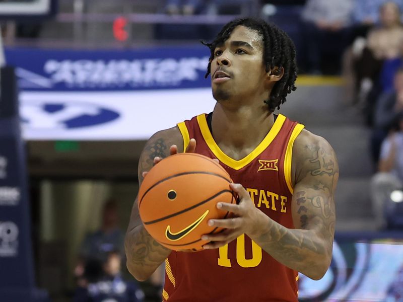 Jan 16, 2024; Provo, Utah, USA; Iowa State Cyclones guard Keshon Gilbert (10)  takes a shot against the Brigham Young Cougars during the second half at Marriott Center. Mandatory Credit: Rob Gray-USA TODAY Sports