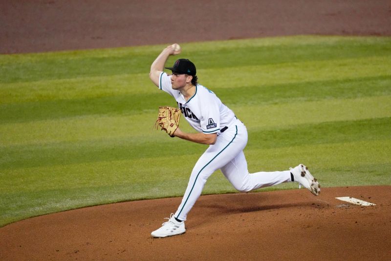 Oct 19, 2023; Phoenix, Arizona, USA; Arizona Diamondbacks starting pitcher Brandon Pfaadt (32) pitches against the Arizona Diamondbacks during the first inning during game three of the NLCS for the 2023 MLB playoffs at Chase Field. Mandatory Credit: Joe Camporeale-USA TODAY Sports