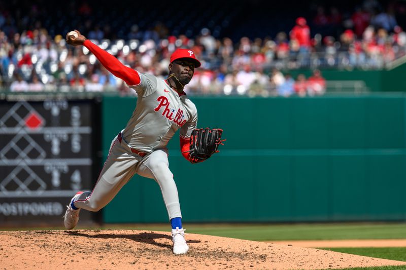 Apr 7, 2024; Washington, District of Columbia, USA; Philadelphia Phillies pitcher Yunior Marte (43) throws a pitch during the fifth inning against the Washington Nationals at Nationals Park. Mandatory Credit: Reggie Hildred-USA TODAY Sports