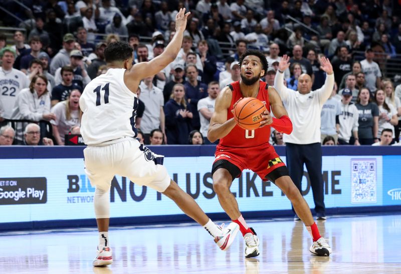 Mar 5, 2023; University Park, Pennsylvania, USA; Maryland Terrapins guard Don Carey (0) looks to shoot the ball as Penn State Nittany Lions guard Camren Wynter (11) defends during the second half at Bryce Jordan Center.  Mandatory Credit: Matthew OHaren-USA TODAY Sports