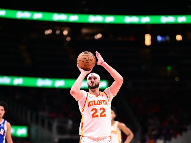 ATLANTA, GA - OCTOBER 14:  Larry Nance Jr. #22 of the Atlanta Hawks shoots a free throw during the game against the Philadelphia 76ers during a preseason game on October 14, 2024 at State Farm Arena in Atlanta, Georgia.  NOTE TO USER: User expressly acknowledges and agrees that, by downloading and/or using this Photograph, user is consenting to the terms and conditions of the Getty Images License Agreement. Mandatory Copyright Notice: Copyright 2024 NBAE (Photo by Adam Hagy/NBAE via Getty Images)