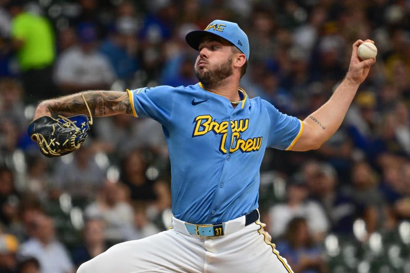 Sep 22, 2024; Milwaukee, Wisconsin, USA; Milwaukee Brewers pitcher DL Hall (37) pitches in the fifth inning against the Arizona Diamondbacks at American Family Field. Mandatory Credit: Benny Sieu-Imagn Images