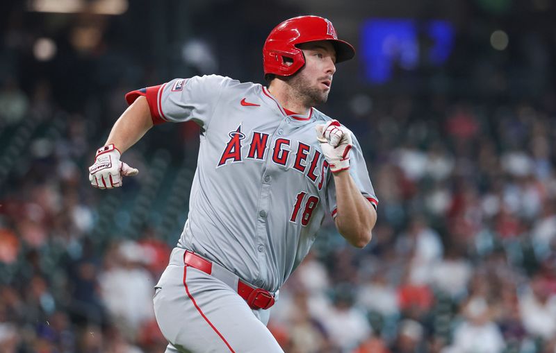 May 22, 2024; Houston, Texas, USA; Los Angeles Angels first baseman Nolan Schanuel (18) runs to first base on a single during the third inning against the Houston Astros at Minute Maid Park. Mandatory Credit: Troy Taormina-USA TODAY Sports