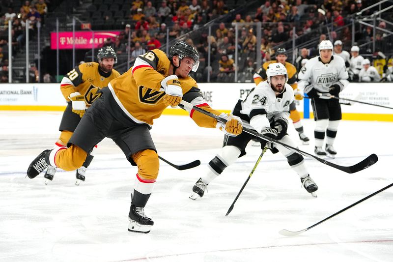 Oct 8, 2025; Las Vegas, Nevada, USA; Vegas Golden Knights right wing Pavel Dorofeyev (16) scores a goal on a shot against the Los Angeles Kings during the second period at T-Mobile Arena. Mandatory Credit: Stephen R. Sylvanie-Imagn Images