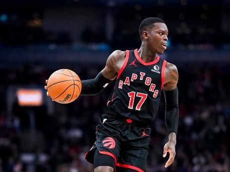 TORONTO, ON - DECEMBER 23: Dennis Schroder #17 of the Toronto Raptors dribbles against the Utah Jazz during the first half of their basketball game at the Scotiabank Arena on December 23, 2023 in Toronto, Ontario, Canada. NOTE TO USER: User expressly acknowledges and agrees that, by downloading and/or using this Photograph, user is consenting to the terms and conditions of the Getty Images License Agreement. (Photo by Mark Blinch/Getty Images)