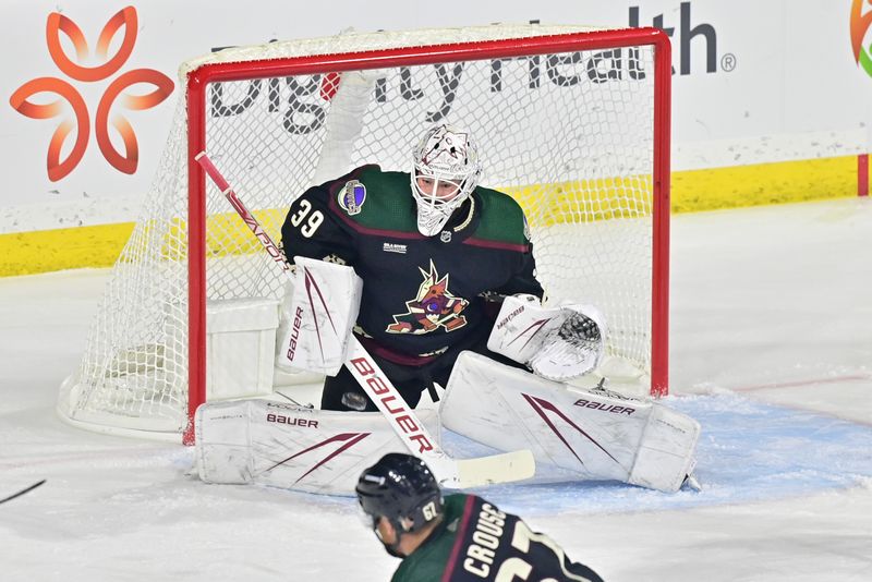 Nov 7, 2023; Tempe, Arizona, USA; Arizona Coyotes goaltender Connor Ingram (39) makes a save in the first period Seattle Kraken at Mullett Arena. Mandatory Credit: Matt Kartozian-USA TODAY Sports