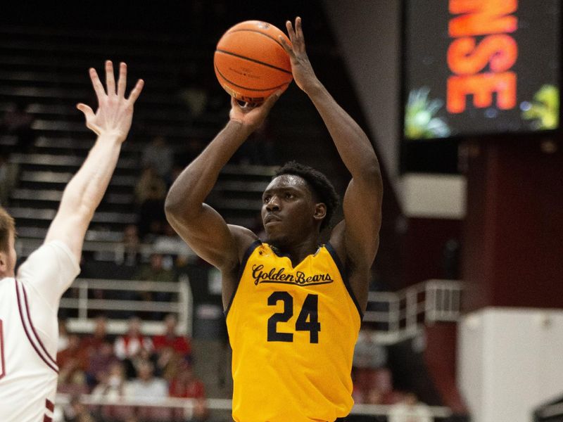 Jan 28, 2023; Stanford, California, USA; California Golden Bears forward Sam Alajiki (24) shoots over Stanford Cardinal forward Max Murrell during the second half at Maples Pavilion. Stanford defeated California 75-46. Mandatory Credit: D. Ross Cameron-USA TODAY Sports