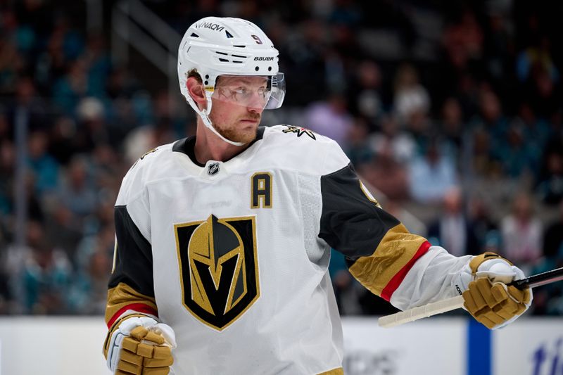 Oct 9, 2025; San Jose, California, USA; Vegas Golden Knights center Jack Eichel (9) directs his teammates before a faceoff against the San Jose Sharks during the first period at SAP Center at San Jose. Mandatory Credit: Robert Edwards-Imagn Images