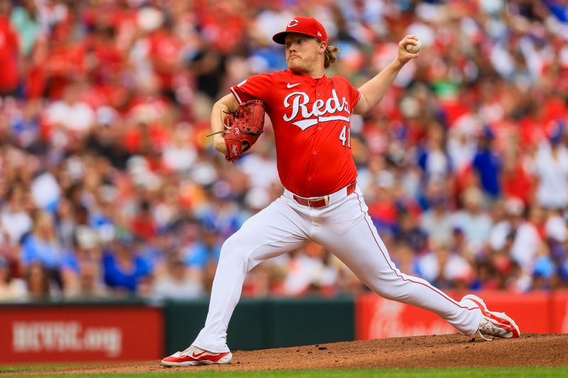 Jun 8, 2024; Cincinnati, Ohio, USA; Cincinnati Reds starting pitcher Andrew Abbott (41) pitches against the Chicago Cubs in the first inning at Great American Ball Park. Mandatory Credit: Katie Stratman-USA TODAY Sports