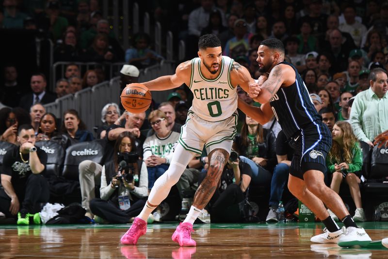 BOSTON, MA - APRIL 20: Jayson Tatum #0 of the Boston Celtics drives to the basket during the game against the Orlando Magic during Round 1 Game 1 of the 2025 NBA Playoffs on April 20, 2025 at TD Garden in Boston, Massachusetts. NOTE TO USER: User expressly acknowledges and agrees that, by downloading and/or using this Photograph, user is consenting to the terms and conditions of the Getty Images License Agreement. Mandatory Copyright Notice: Copyright 2025 NBAE (Photo by Brian Babineau/NBAE via Getty Images)