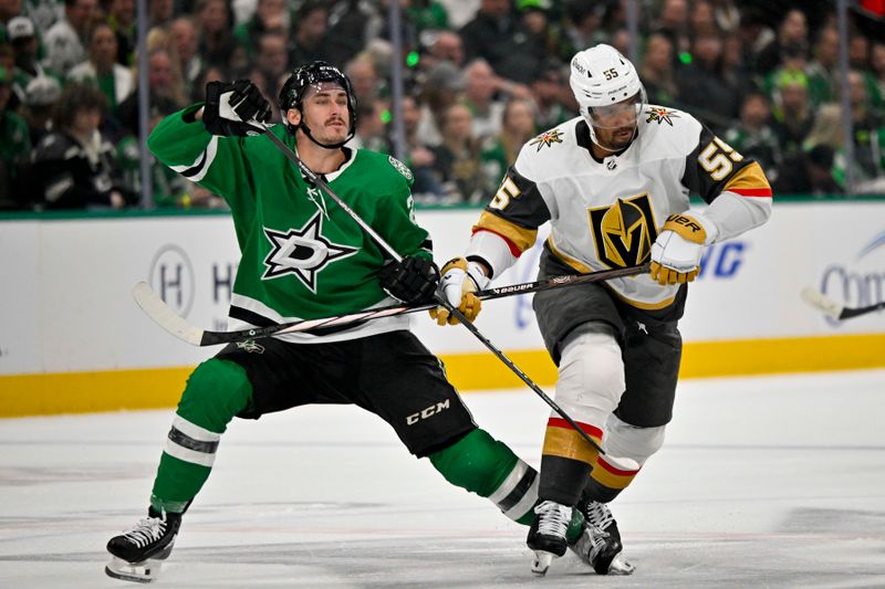 Apr 24, 2024; Dallas, Texas, USA; Dallas Stars left wing Mason Marchment (27) and Vegas Golden Knights right wing Keegan Kolesar (55) look for the puck at center ice in the first period in game two of the first round of the 2024 Stanley Cup Playoffs at American Airlines Center. Mandatory Credit: Jerome Miron-USA TODAY Sports