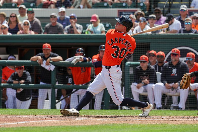 Mar 12, 2026; Lakeland, Florida, USA; Detroit Tigers left fielder Kerry Carpenter (30) hits during the first inning against the New York Yankees at Publix Field at Joker Marchant Stadium. Mandatory Credit: Mike Watters-Imagn Images Mar 12, 2026; Lakeland, Florida, USA; Detroit Tigers left fielder Kerry Carpenter (30) hits during the first inning against the New York Yankees at Publix Field at Joker Marchant Stadium. Mandatory Credit: Mike Watters-Imagn Images