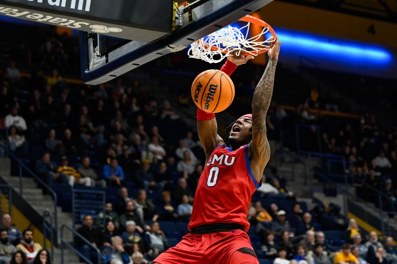 Feb 26, 2025; Berkeley, California, USA; SMU Mustangs guard B.J. Edwards (0) dunks against the California Golden Bears in the second half at Haas Pavilion. Mandatory Credit: Eakin Howard-Imagn Images