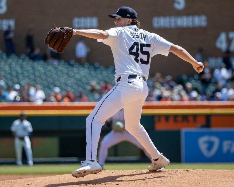 Apr 26, 2024; Detroit, Michigan, USA; Detroit Tigers pitcher Reese Olson (45) throws in the first inning against the Kansas City Royals at Comerica Park. Mandatory Credit: David Reginek-USA TODAY Sports