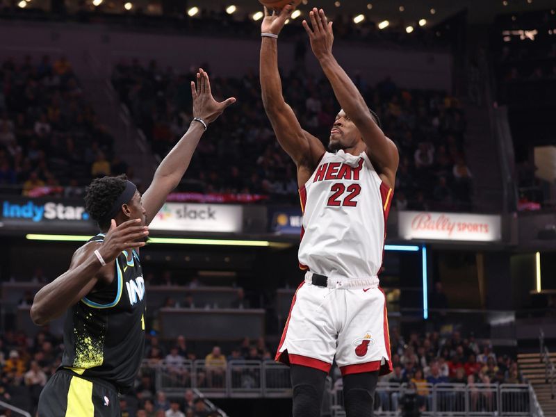 INDIANAPOLIS, IN - APRIL 7:  Jimmy Butler #22 of the Miami Heat shoots the ball during the game against the Indiana Pacers on April 7, 2024 at Gainbridge Fieldhouse in Indianapolis, Indiana. NOTE TO USER: User expressly acknowledges and agrees that, by downloading and or using this Photograph, user is consenting to the terms and conditions of the Getty Images License Agreement. Mandatory Copyright Notice: Copyright 2024 NBAE (Photo by Pepper Robinson/NBAE via Getty Images)