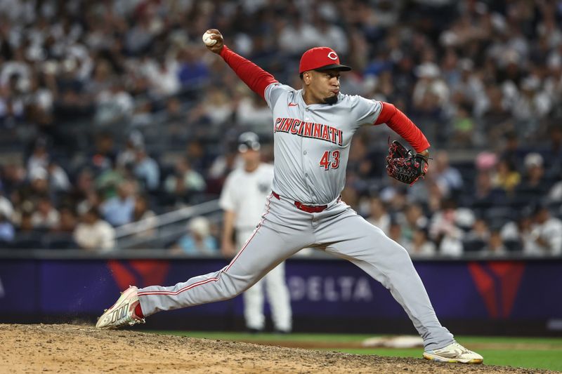 Jul 3, 2024; Bronx, New York, USA; Cincinnati Reds relief pitcher Alexis Díaz (43) pitches in the ninth inning against the New York Yankees at Yankee Stadium. Mandatory Credit: Wendell Cruz-USA TODAY Sports