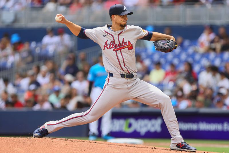 Apr 14, 2024; Miami, Florida, USA; Atlanta Braves starting pitcher Charlie Morton (50) delivers a pitch against the Miami Marlins during the first inning at loanDepot Park. Mandatory Credit: Sam Navarro-USA TODAY Sports