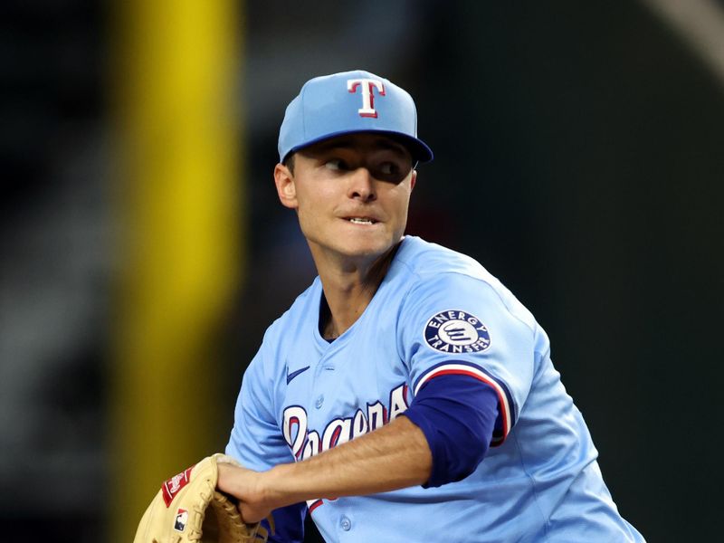 Jun 29, 2025; Arlington, Texas, USA; Texas Rangers pitcher Jack Leiter (35) throws a pitch during the fourth inning against the Seattle Mariners at Globe Life Field. Mandatory Credit: Tim Heitman-Imagn Images