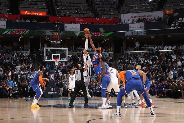 MEMPHIS, TN - OCTOBER 19: The opening tip off of the game between the New York Knicks and the Memphis Grizzlies on October 19, 2022 at FedExForum in Memphis, Tennessee. NOTE TO USER: User expressly acknowledges and agrees that, by downloading and or using this photograph, User is consenting to the terms and conditions of the Getty Images License Agreement. Mandatory Copyright Notice: Copyright 2022 NBAE (Photo by Joe Murphy/NBAE via Getty Images)