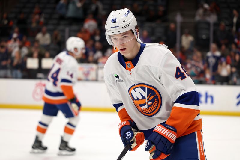 Mar 4, 2026; Anaheim, California, USA;  New York Islanders defenseman Matthew Schaefer (48) warms up before the game against the Anaheim Ducks at Honda Center. Mandatory Credit: Kiyoshi Mio-Imagn Images