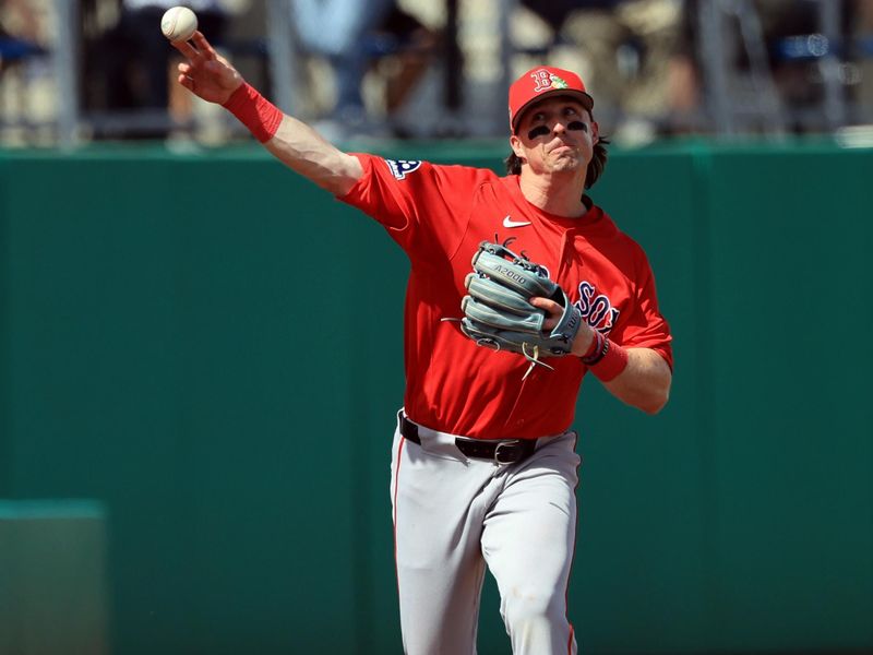 Mar 5, 2026; Clearwater, Florida, USA;  Boston Red Sox infielder Nick Sogard (20) throws the ball to first base for an out against the Philadelphia Phillies during the third inning at BayCare Ballpark. Mandatory Credit: Kim Klement Neitzel-Imagn Images