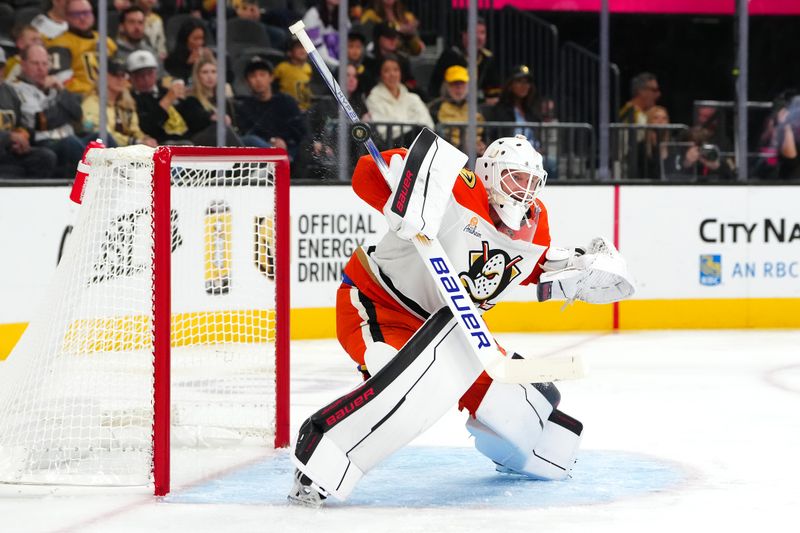 Oct 13, 2024; Las Vegas, Nevada, USA; Anaheim Ducks goaltender James Reimer (47) makes a save with his stick against the Vegas Golden Knights during the second period at T-Mobile Arena. Mandatory Credit: Stephen R. Sylvanie-Imagn Images