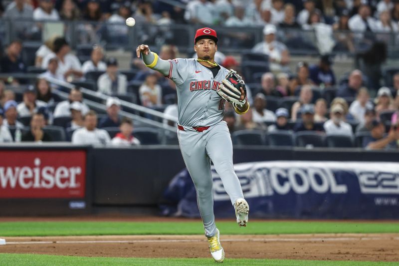 Jul 3, 2024; Bronx, New York, USA; Cincinnati Reds third baseman Noelvi Marte (16) makes a running throw to first base in the sixth inning against the New York Yankees at Yankee Stadium. Mandatory Credit: Wendell Cruz-USA TODAY Sports