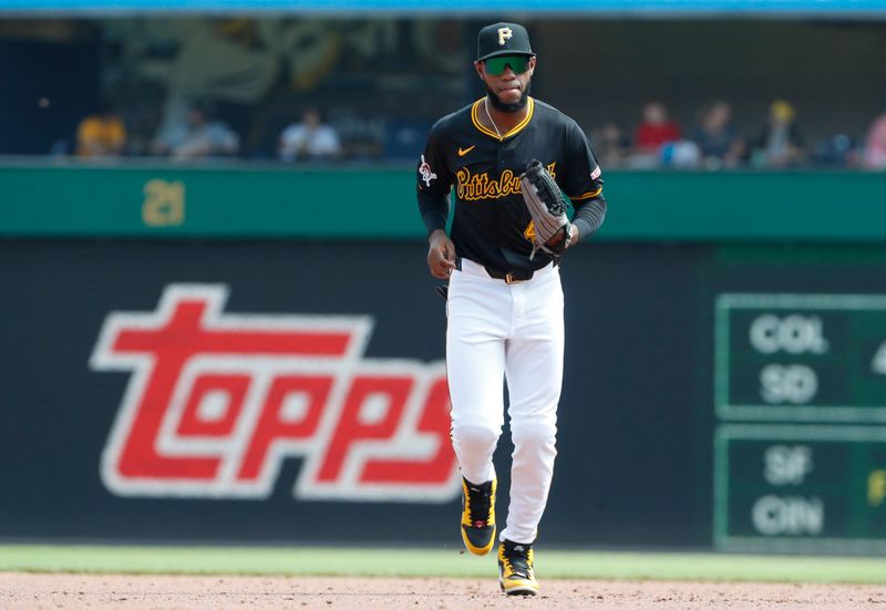 Aug 4, 2024; Pittsburgh, Pennsylvania, USA;  Pittsburgh Pirates right fielder Bryan De La Cruz (41) jogs off of the field at the conclusion of the sixth inning against the Arizona Diamondbacks at PNC Park. Mandatory Credit: Charles LeClaire-USA TODAY Sports