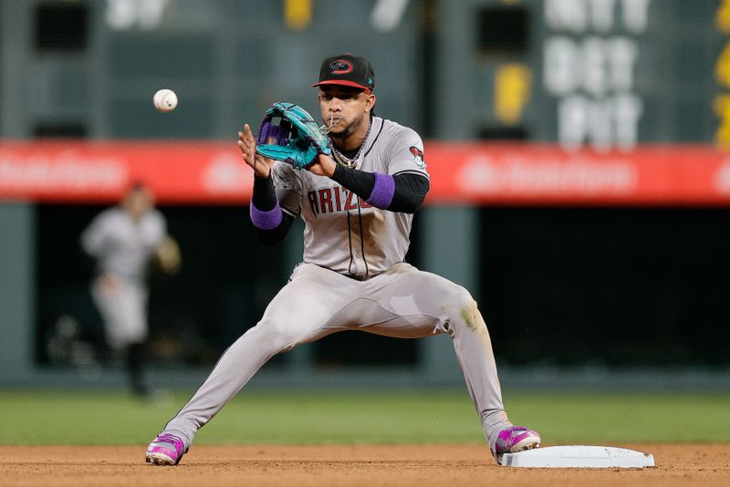 Apr 8, 2024; Denver, Colorado, USA; Arizona Diamondbacks second baseman Ketel Marte (4) turns the first half of a double play in the seventh inning against the Colorado Rockies at Coors Field. Mandatory Credit: Isaiah J. Downing-USA TODAY Sports