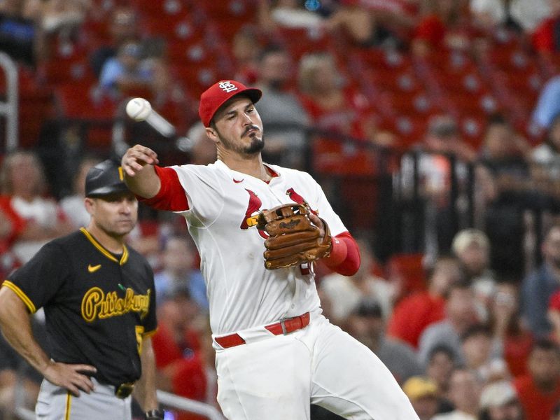 Jun 12, 2024; St. Louis, Missouri, USA;  St. Louis Cardinals third baseman Nolan Arenado (28) throws on the run against the Pittsburgh Pirates during the eighth inning at Busch Stadium. Mandatory Credit: Jeff Curry-USA TODAY Sports