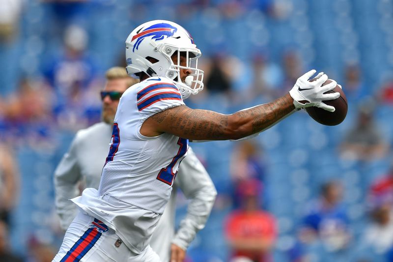 Buffalo Bills wide receiver Gabe Davis warms up before a preseason NFL football game against the Denver Broncos in Orchard Park, N.Y., Saturday, Aug. 20, 2022. (AP Photo/Adrian Kraus)