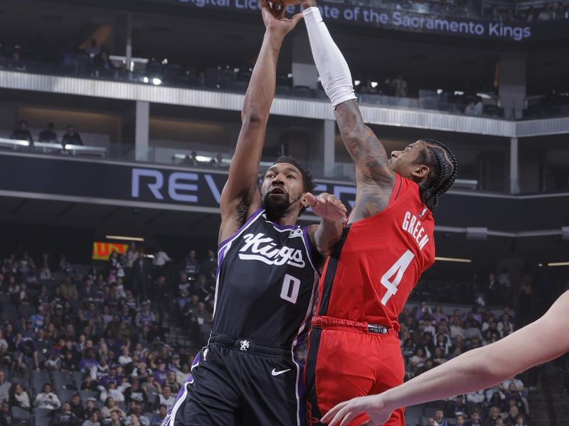 SACRAMENTO, CA - JANUARY 16: Malik Monk #0 of the Sacramento Kings drives to the basket during the game against the Houston Rockets on January 16, 2025 at Golden 1 Center in Sacramento, California. NOTE TO USER: User expressly acknowledges and agrees that, by downloading and or using this Photograph, user is consenting to the terms and conditions of the Getty Images License Agreement. Mandatory Copyright Notice: Copyright 2025 NBAE (Photo by Rocky Widner/NBAE via Getty Images)